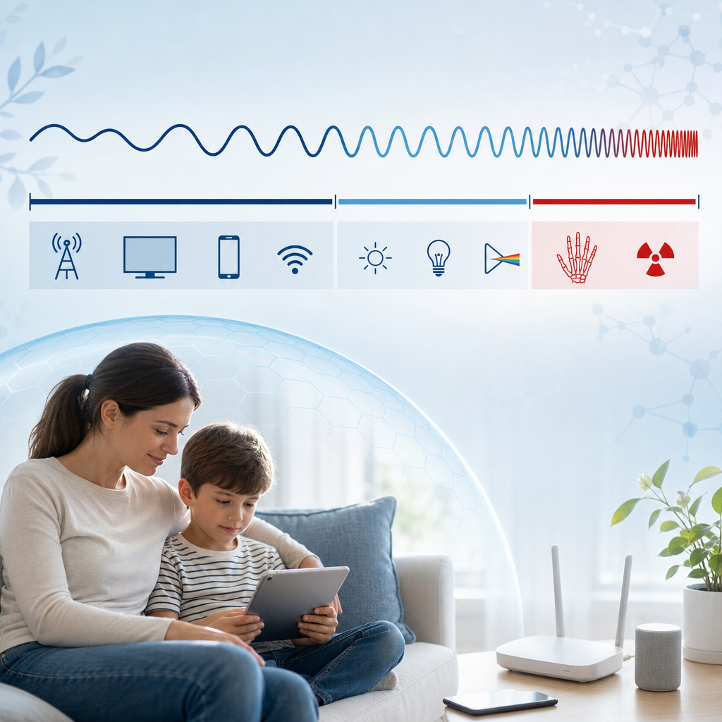 Spectrum comparing non-ionising radiofrequency with ionising radiation
