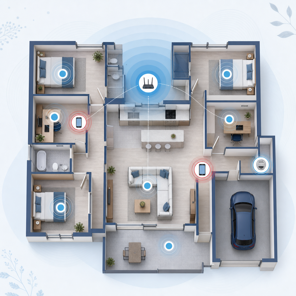 Home floor plan marking wireless sources and assessment points