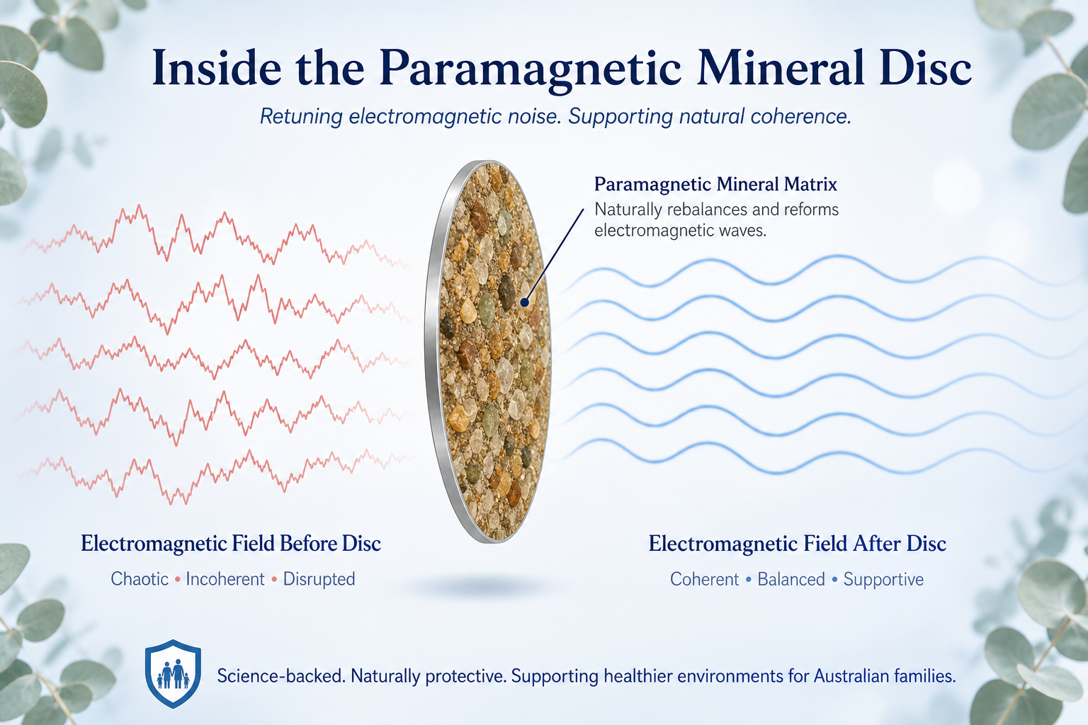 Diagram showing EMF waveform passing through paramagnetic mineral compound and emerging with altered coherence