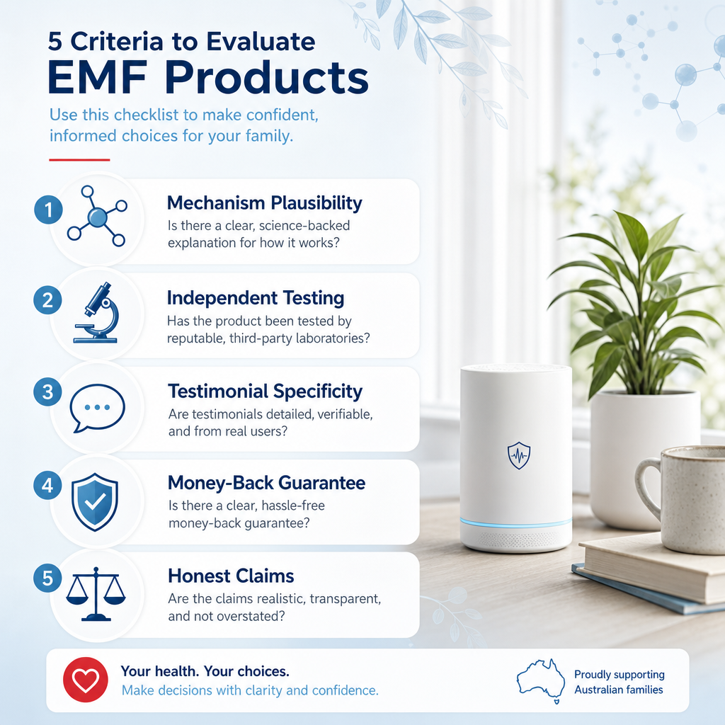 Five-criteria checklist infographic for evaluating EMF protection products