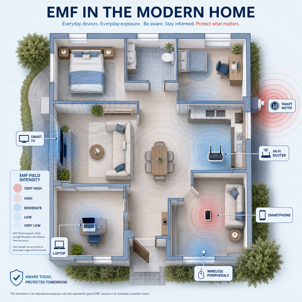 Top-down diagram of Australian home showing overlapping EMF zones from multiple household devices