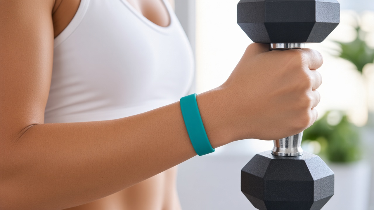 Close-up of an EMF vitality wristband worn during active work