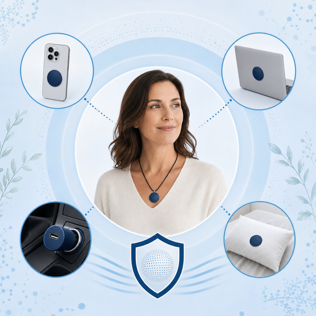 Diagram of a layered EMF protection setup: pendant, phone disc, laptop disc, car unit and pillow