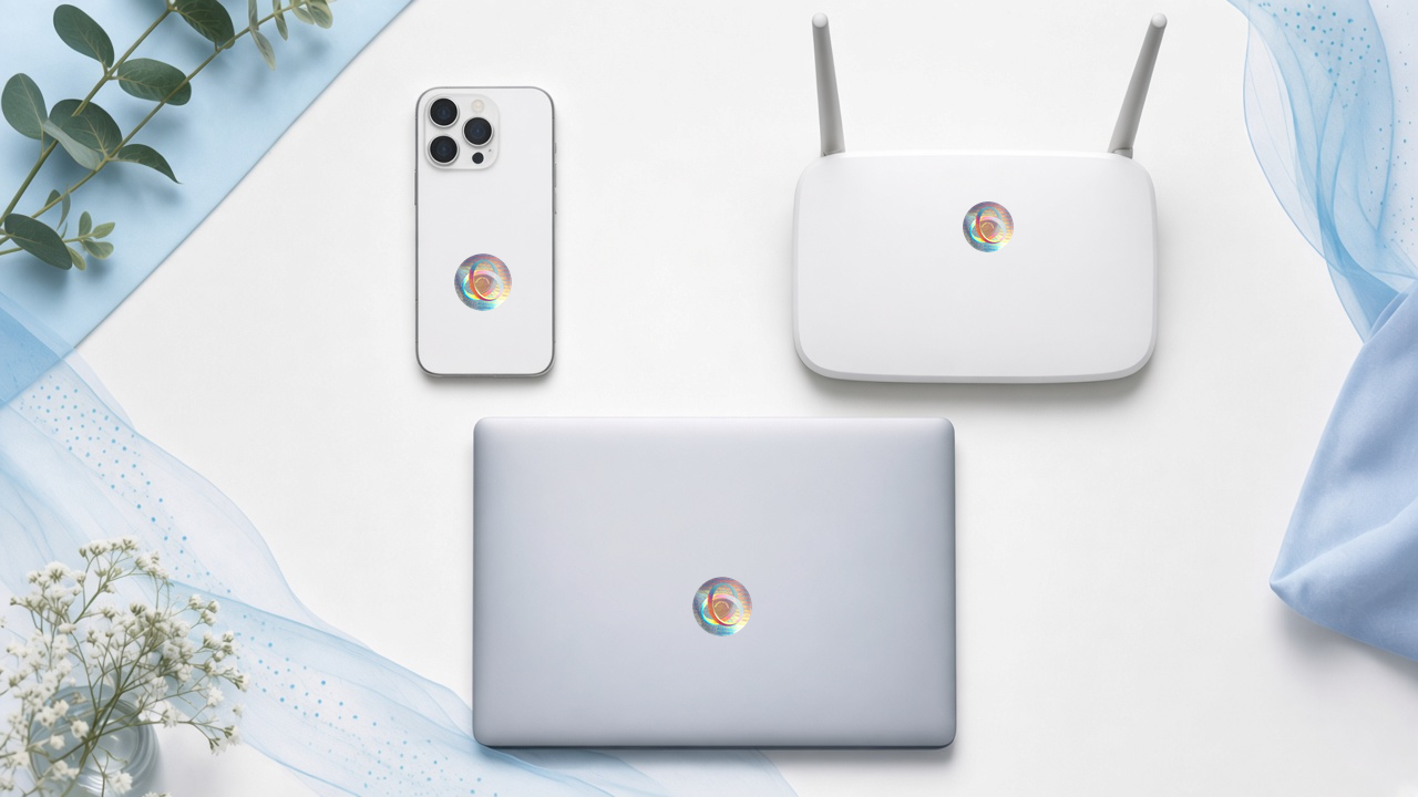 Top-down view of Aulterra neutralizer disc placement on a phone, router and laptop