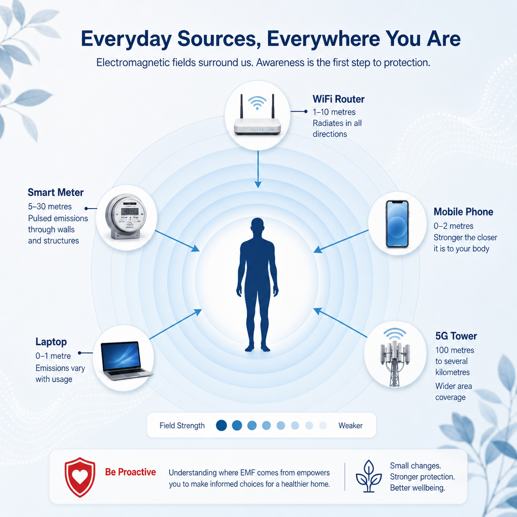 Diagram of a person surrounded by multiple EMF sources including WiFi router, smart meter, phone, laptop, and 5G tower