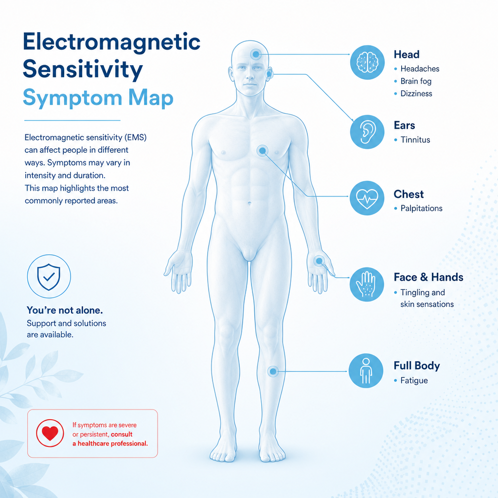 Human body diagram with labelled callouts showing locations of common EHS symptoms including headache, fatigue, tingling, and palpitations