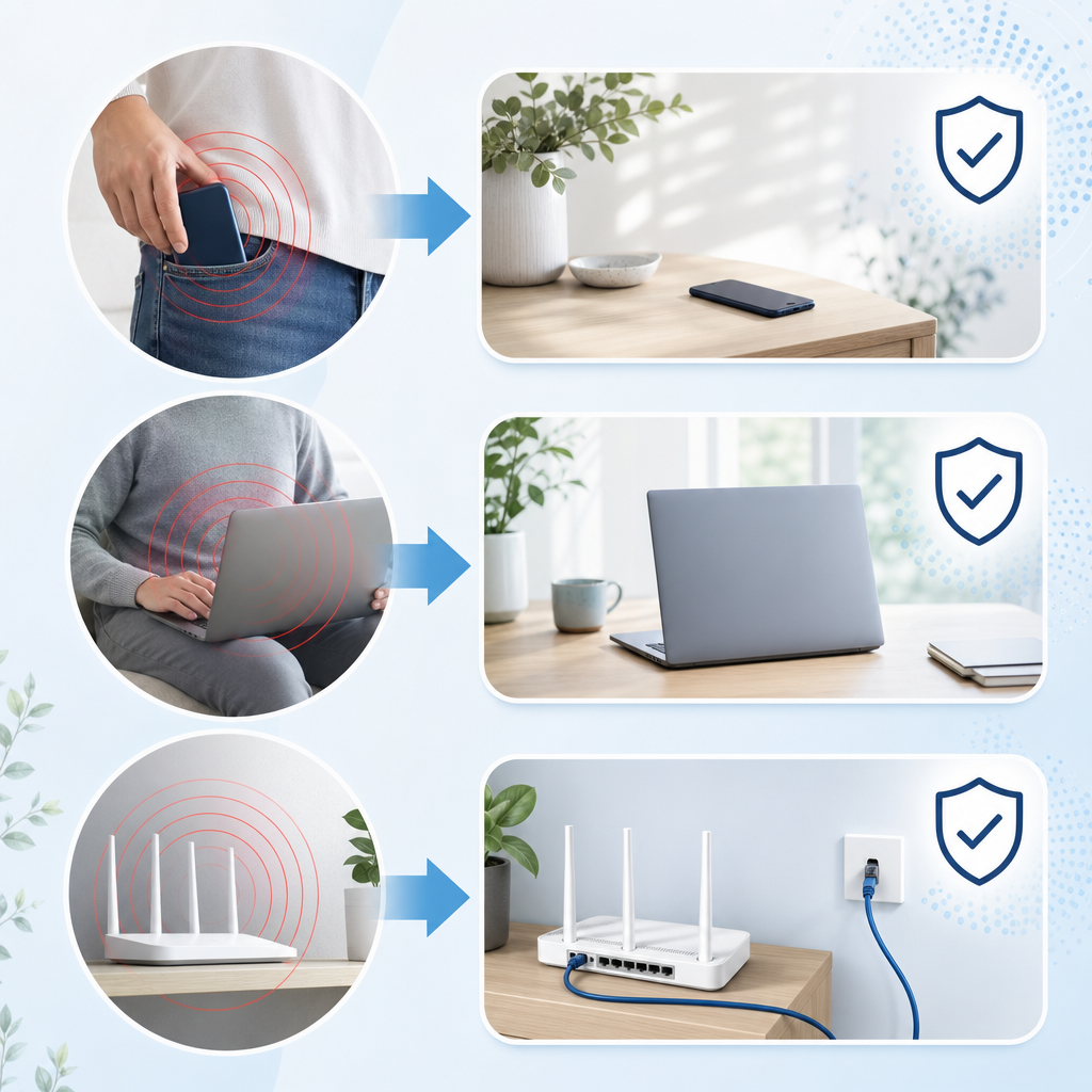 Distance and placement steps: phone out of pocket, laptop off lap, router on wired connection