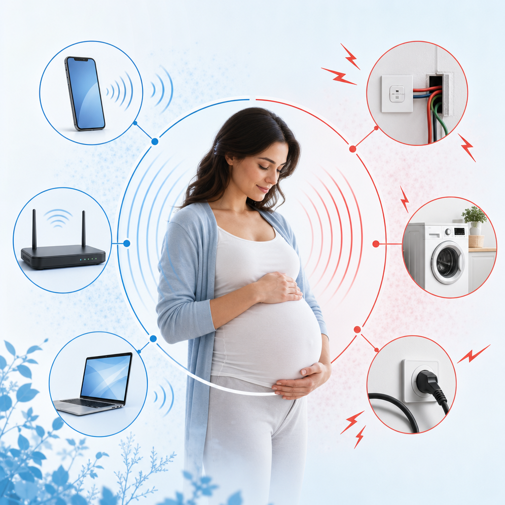 Diagram of common radiofrequency and electrical field sources around a pregnant person