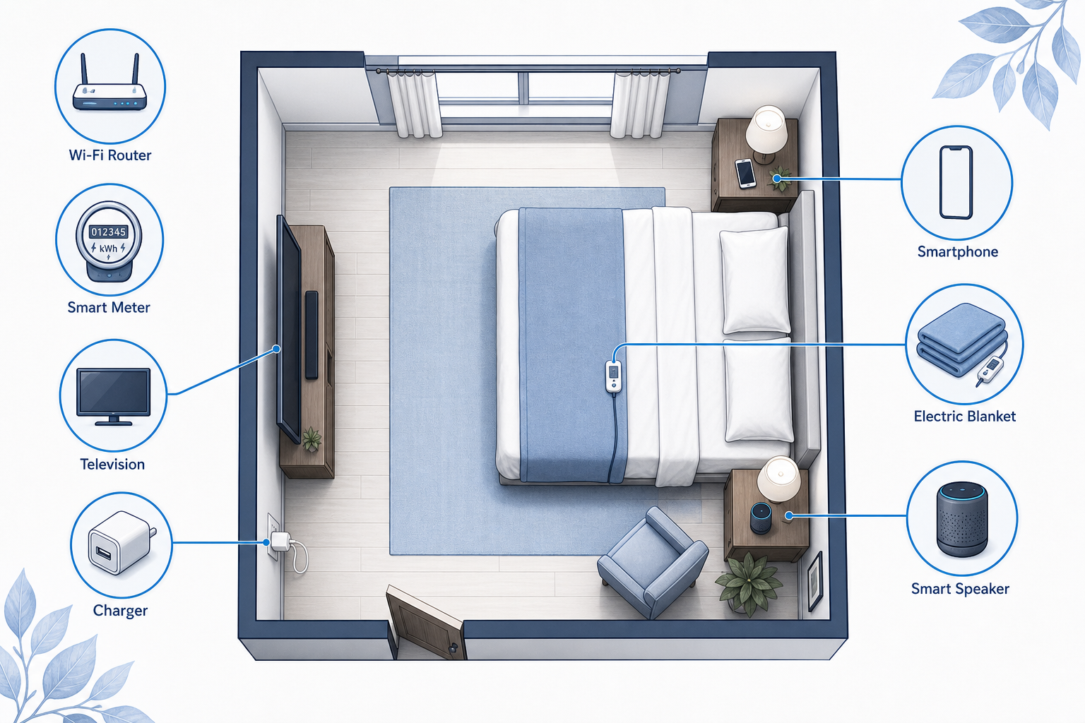 Isometric bedroom floor plan with blue callouts for smartphone, TV, charger, electric blanket and smart speaker inside the room, and Wi-Fi router and smart meter shown outside without connector lines
