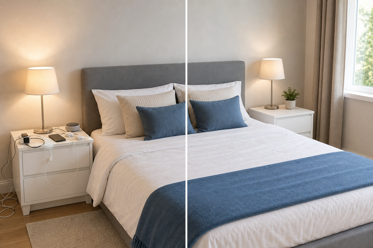Single bedroom view split by a white centre line — cluttered bedside devices and cables on the left, clear nightstand with lamp and plant only on the right