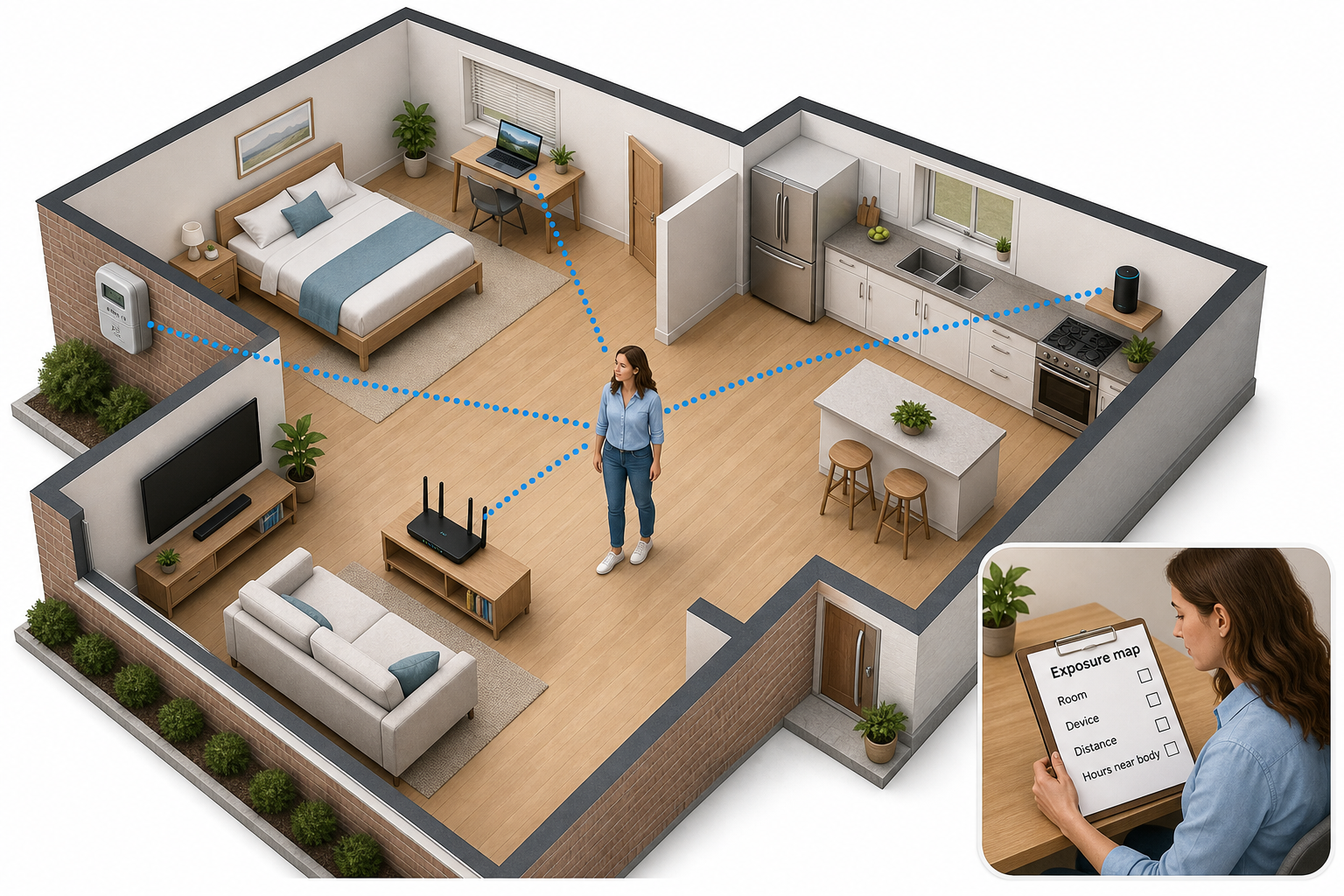 Three-room home floor plan with dotted blue exposure lines from a central figure to router, TV, laptop, smart speaker and smart meter, plus inset exposure-map checklist