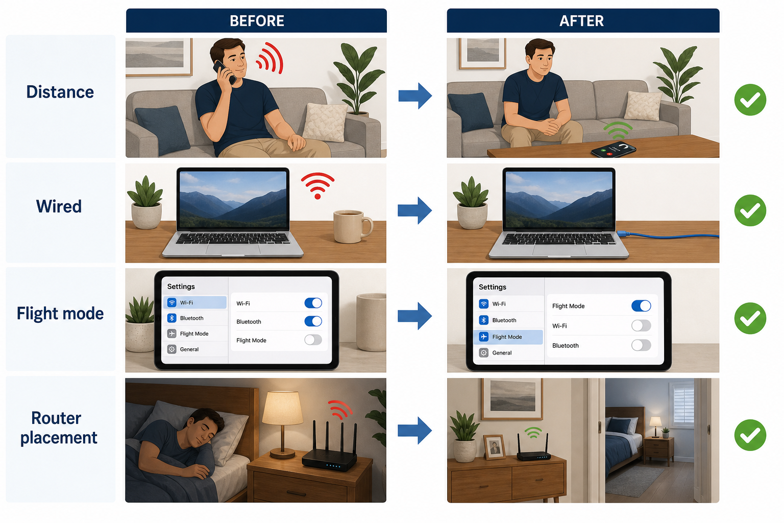 Four reduction steps: speakerphone instead of phone at ear, wired laptop, flight mode on tablet, router moved out of the bedroom
