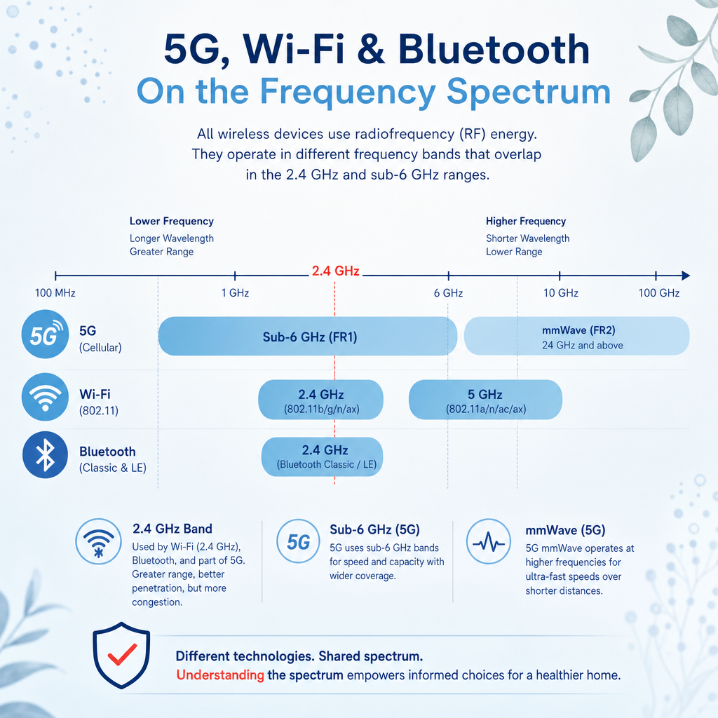 Frequency spectrum diagram comparing 5G, Wi-Fi, and Bluetooth bands.