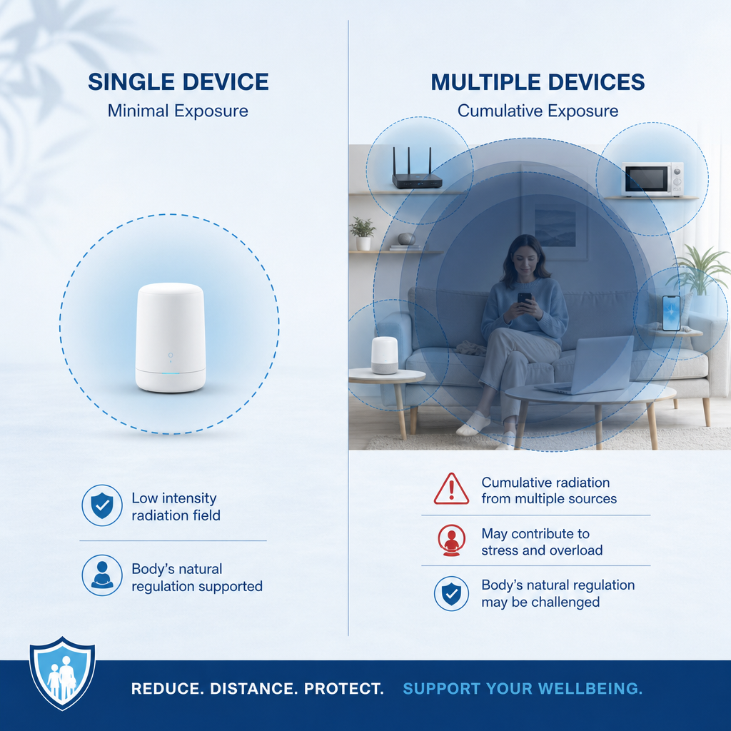 Diagram comparing a single device output to multiple overlapping device outputs around a person.