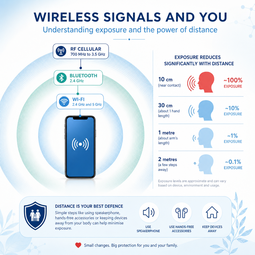 Infographic showing RF cellular, Bluetooth, and Wi-Fi frequency bands from a smartphone, plus a chart of how exposure drops with distance from the head