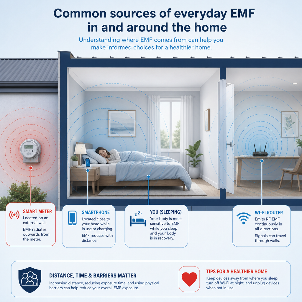 Floor plan cross-section of a bedroom showing overlapping EMF fields from smartphone, Wi-Fi router, and smart meter