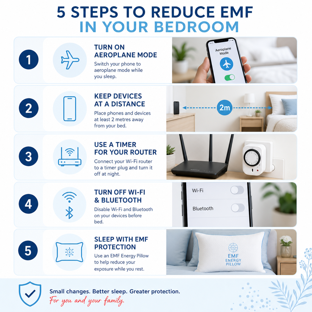 Five-step bedroom EMF reduction infographic: aeroplane mode, keep devices 2 metres away, router timer, disable Wi-Fi and Bluetooth, and EMF Energy Pillow
