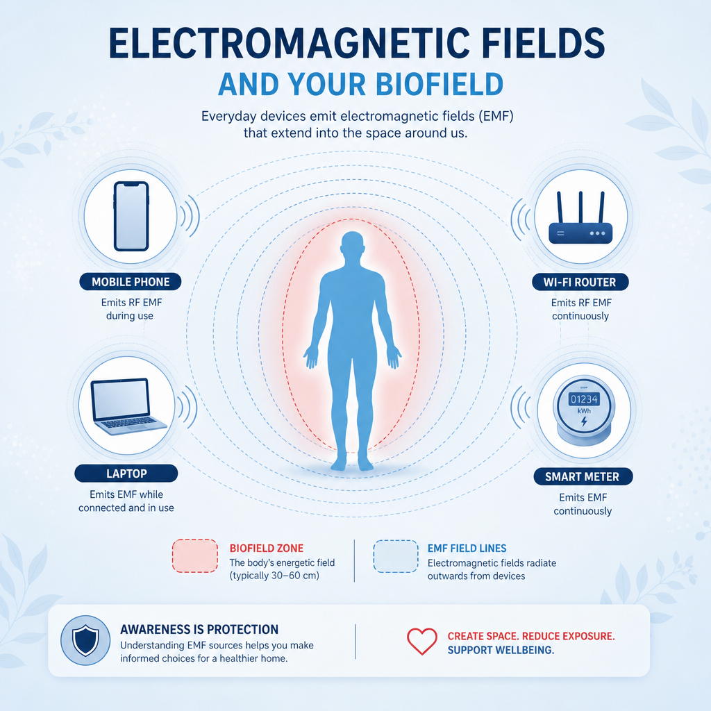 Diagram of human silhouette with EMF field lines from phone, router, laptop and smart meter surrounding the body