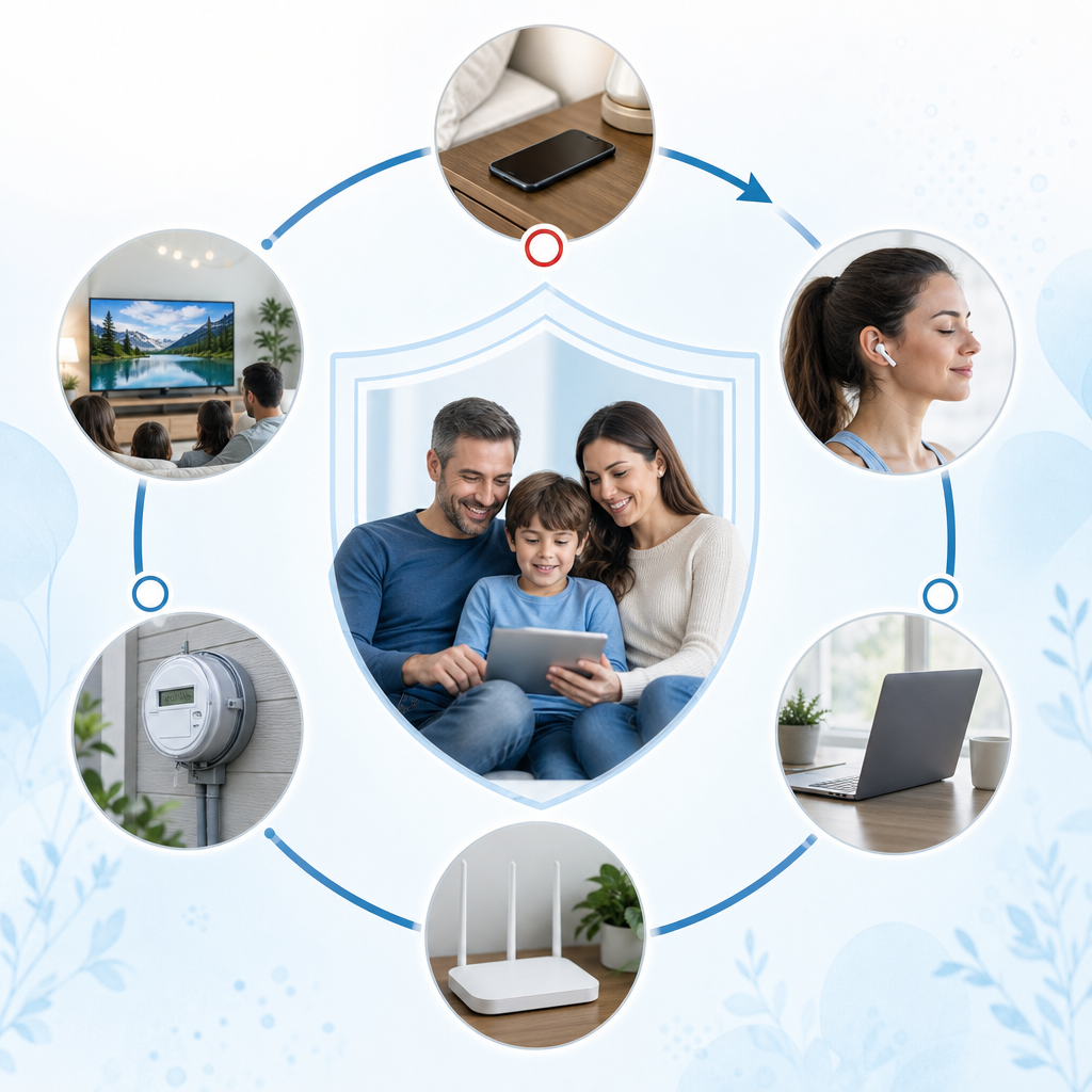 Circular infographic of common EMF sources around a family, including phone, earbuds, laptop, router, smart meter and TV