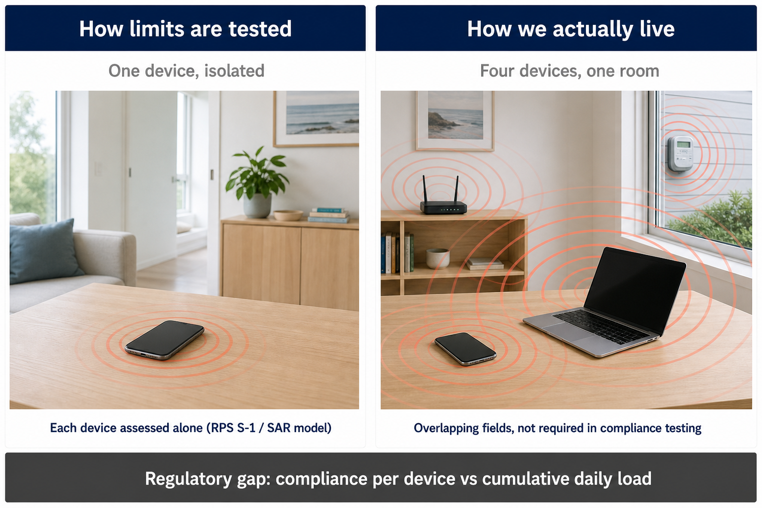 Split infographic: left panel shows one phone with a small isolated red RF field (single-device RPS S-1 testing); right panel shows four devices with overlapping red fields filling the room (cumulative real-home exposure).