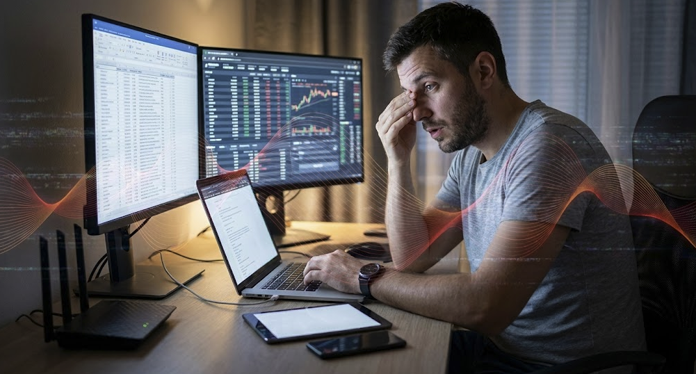 Stressed man surrounded by devices with chaotic EMF waves